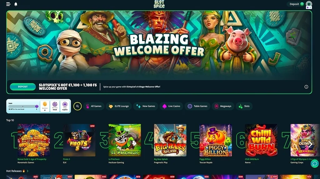 Slotspice lobby with a Top 10 that includes Pirots 5 from ELK Studios and Big Bass Splash from Pragmatic Play