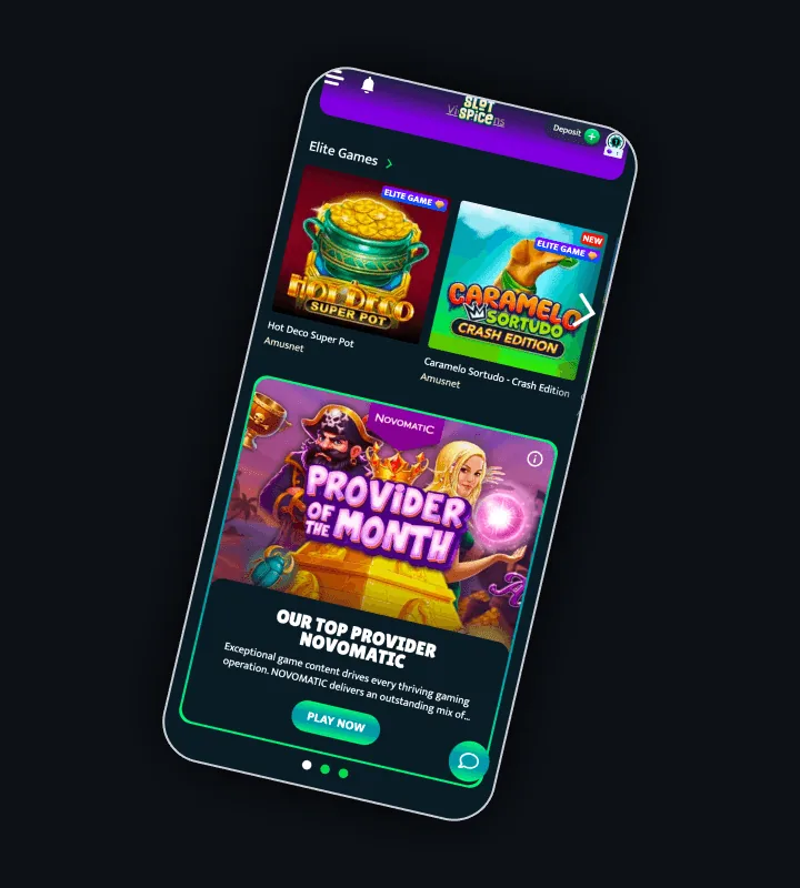 Slotspice on a phone with ELITE and Hot Releases rows and two Amusnet titles