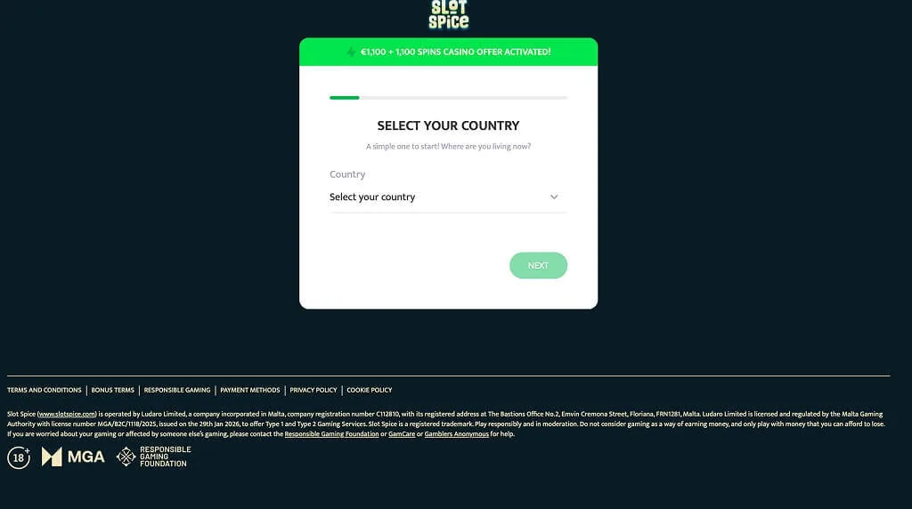 Slotspice registration asking a new player to choose a country